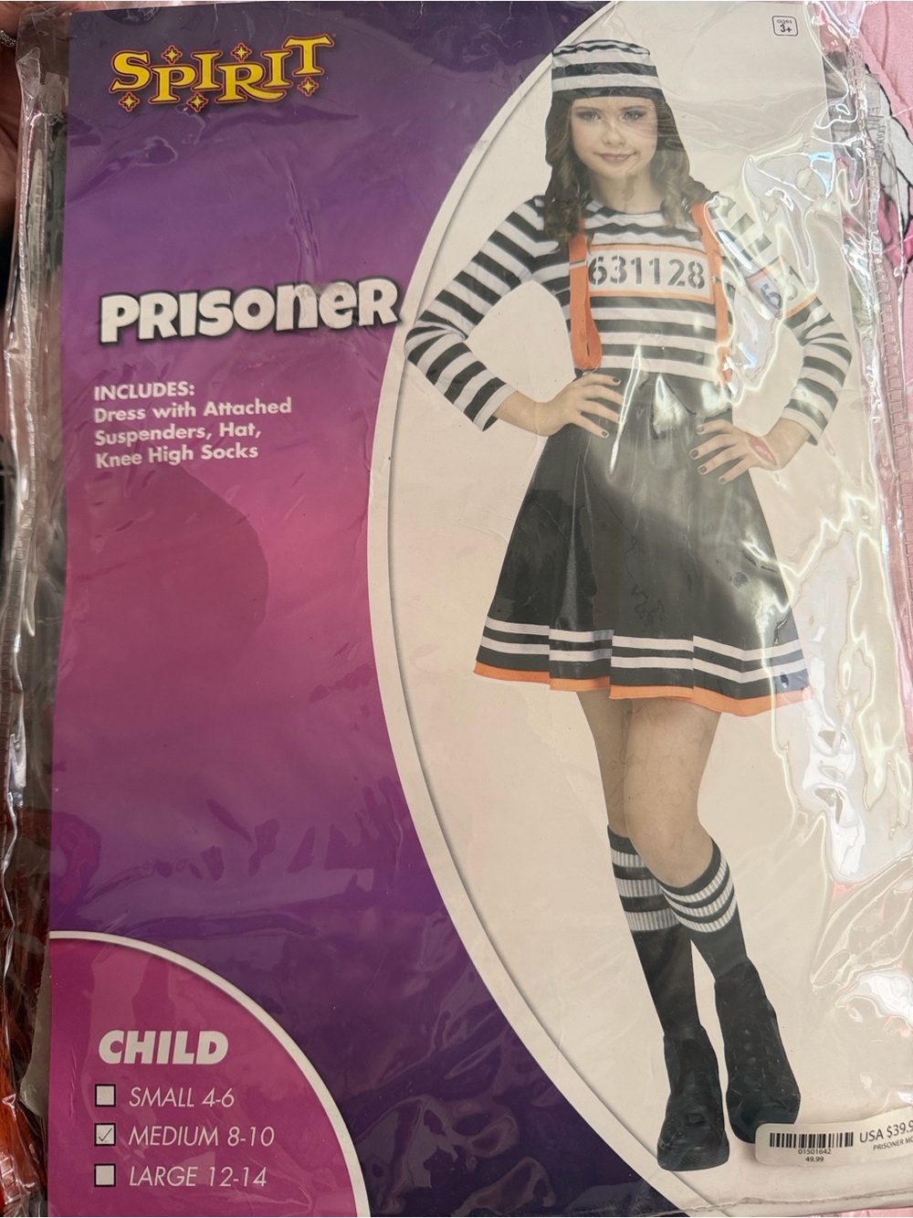 Spirit Girls Black & White Striped Prisoner Costume with Orange Accents